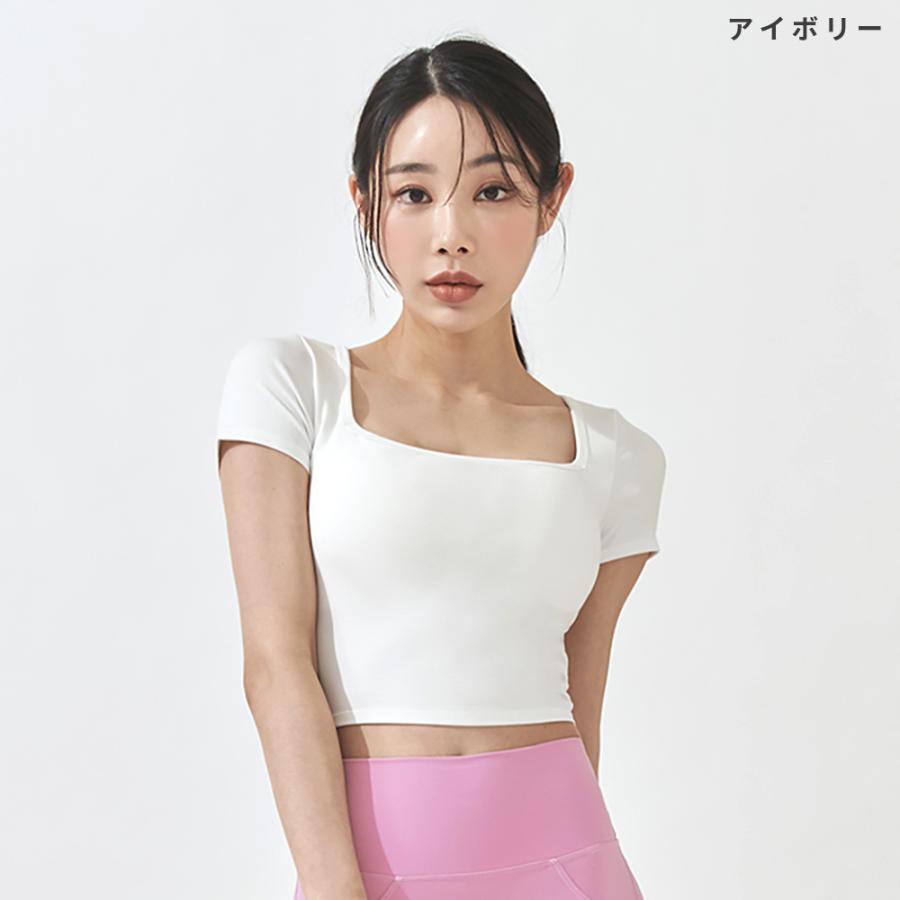 ヨガトップス ヨガウェア トップス 半袖 Tシャツ クロップド丈 ブラ