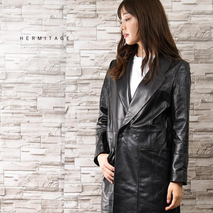 本革 ラム 羊革 ロングコート フロント ダブルボタン ブラック 2