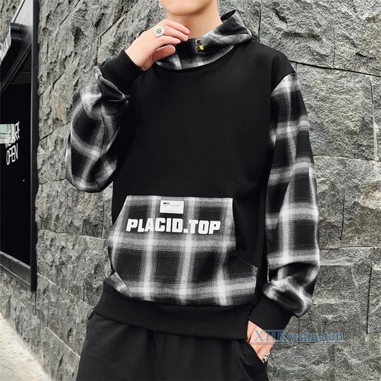 パーカー メンズ 長袖パーカー チェックパーカー 切り替え プル