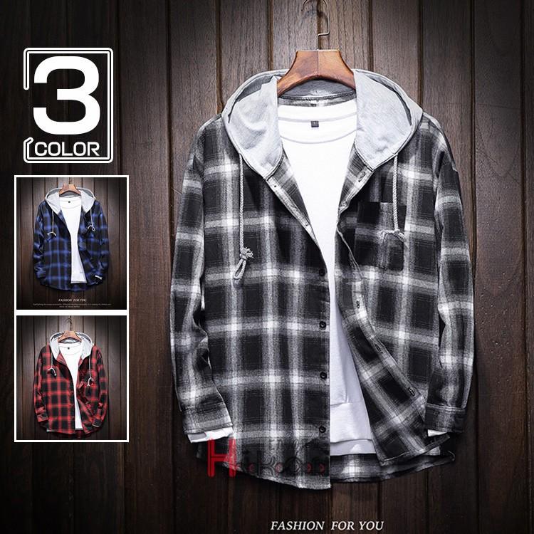 シャツ メンズ フード付き チェックシャツ カジュアルシャツ 長袖 パーカー アウター シャツジャケット 父の日 Xhk Xhkヤフー店 通販 Yahoo ショッピング