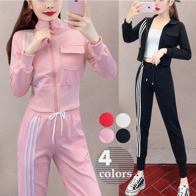 セットアップ レディース ジャージ 韓国 上下 セット おしゃれ 黒 白 赤 ピンク Pe 奇跡の花 通販 Yahoo ショッピング