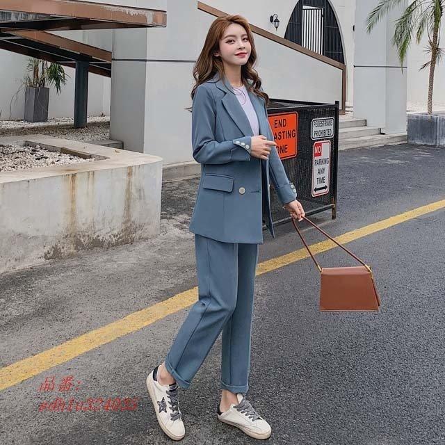 ブルー スーツ レディース 韓国風 カジュアルスーツ ゆったり 40代 パンツスーツ 30代 入学式 代 オフィス オシャレ 卒業式 通勤 セレモニースーツ お歳暮