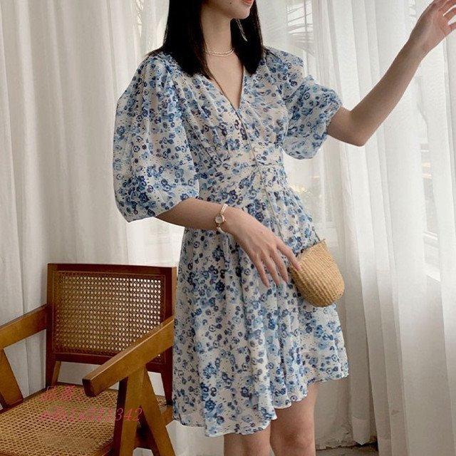 絶妙なデザイン 夏服 半袖 夏コーデ 夏 新作 レディース フェミニン ワンピース レトロ ワンピース レディース ミニ丈 ミニ丈 きれいめ 花柄 1color パフスリーブ ショート丈 上品 夏ワンピ Vネック 爽やか レトロ きれいめ ミニ丈 ワンピース チュニック