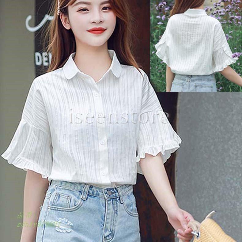 最安値挑戦 ブラウス 開襟 シャツブラウス レディース フレアスリーブ 半袖 トップス コットンシャツ 可愛い 通勤 白シャツ 着痩せ シンプル 夏 通学 おしゃれ 国産 O Rentals