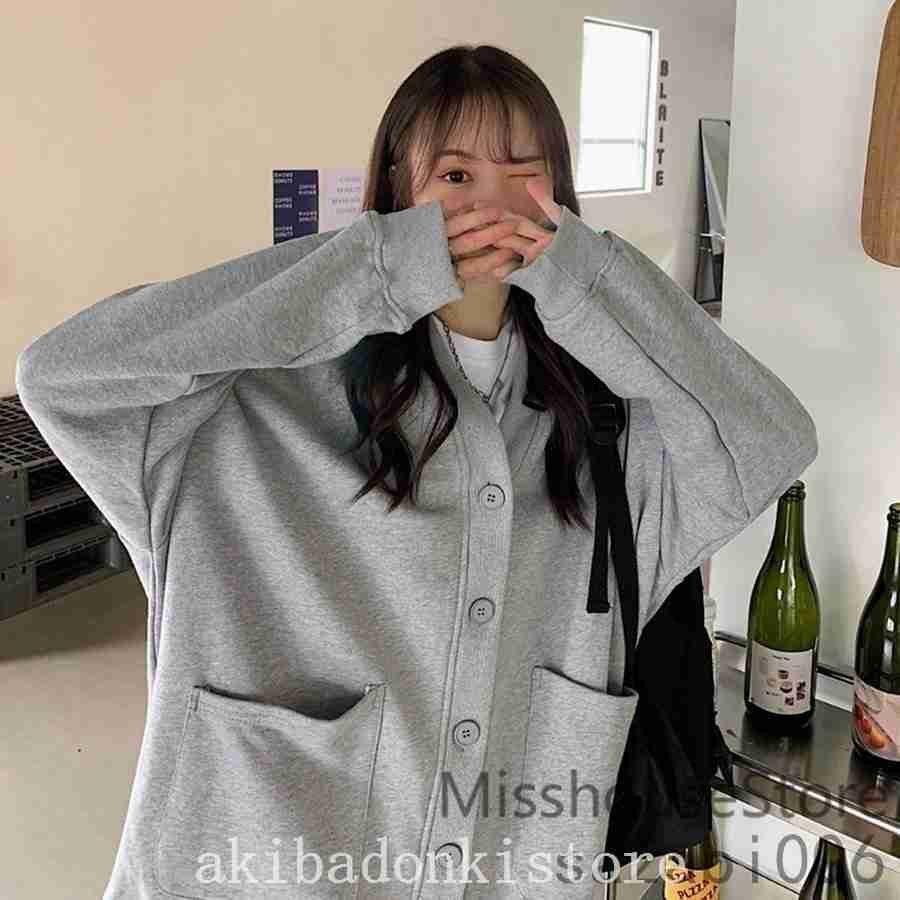 カーディガンレディースロングvネックスウェットトレーナートップスアウター秋冬ビックシルエットおしゃれ無地長袖だぼだぼvネックかわいい 福袋