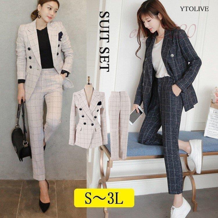 ブランドのギフト リクルートスーツ 女性 スーツ レディース パンツスーツ チェック 2点セット ストレッチ 通勤 就活 ビジネス 大きいサイズ 30 代40代