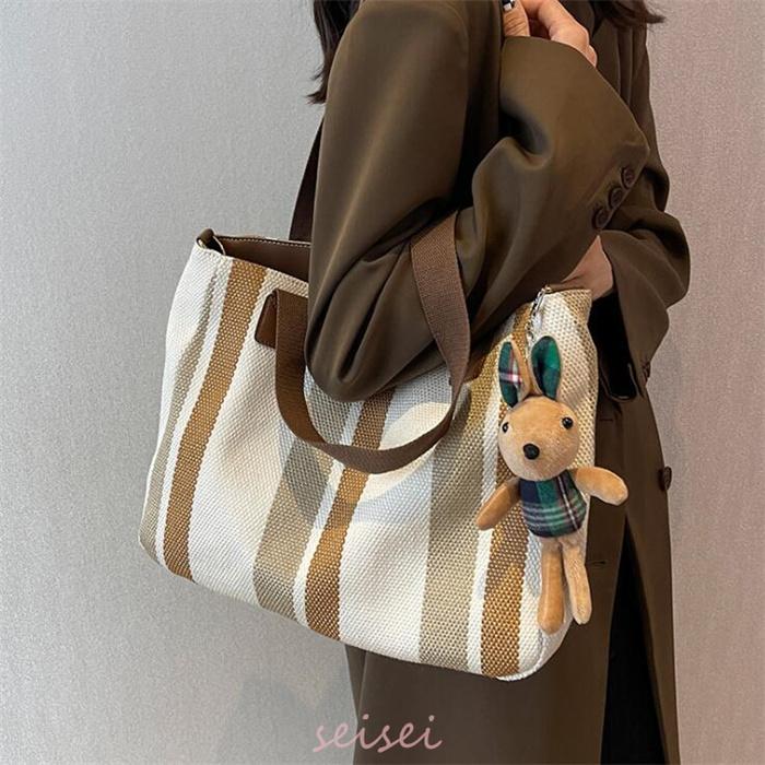 トートバッグ ベージュとダークブラウン ストライプ トートバッグ レディース ストライプ A4対応 3way キャンバス 帆布