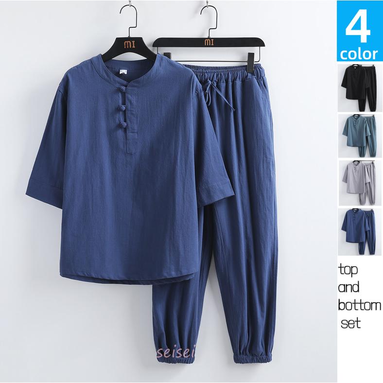 ジャージ メンズ 上下セット 2点セット リネン風 セットアップ 5分丈