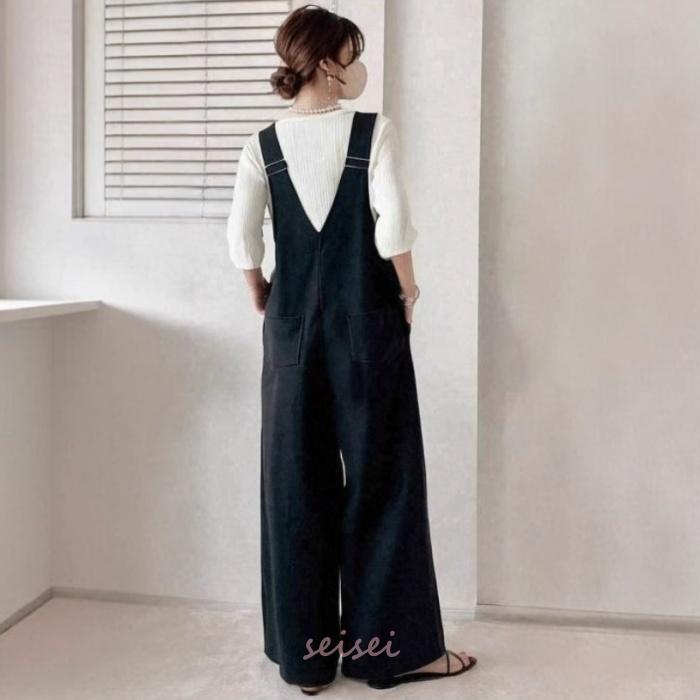 オールインワン レディース ノースリーブ サロペット ワイドパンツ v