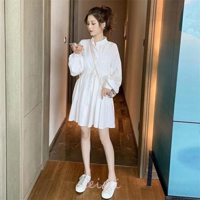 ワンピース レディース 春 長袖 白 体型カバー キレイめ Vネック ミニ