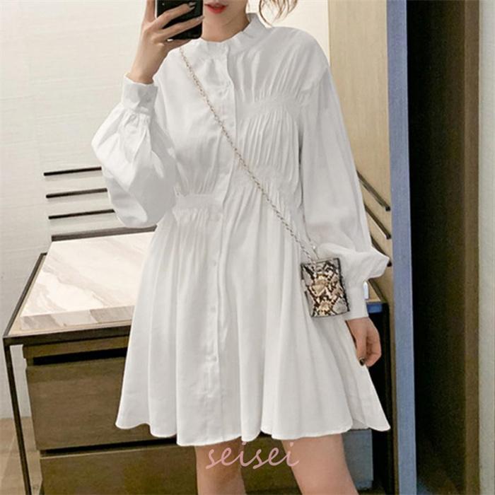 ワンピース レディース 春 長袖 白 体型カバー キレイめ Vネック ミニ