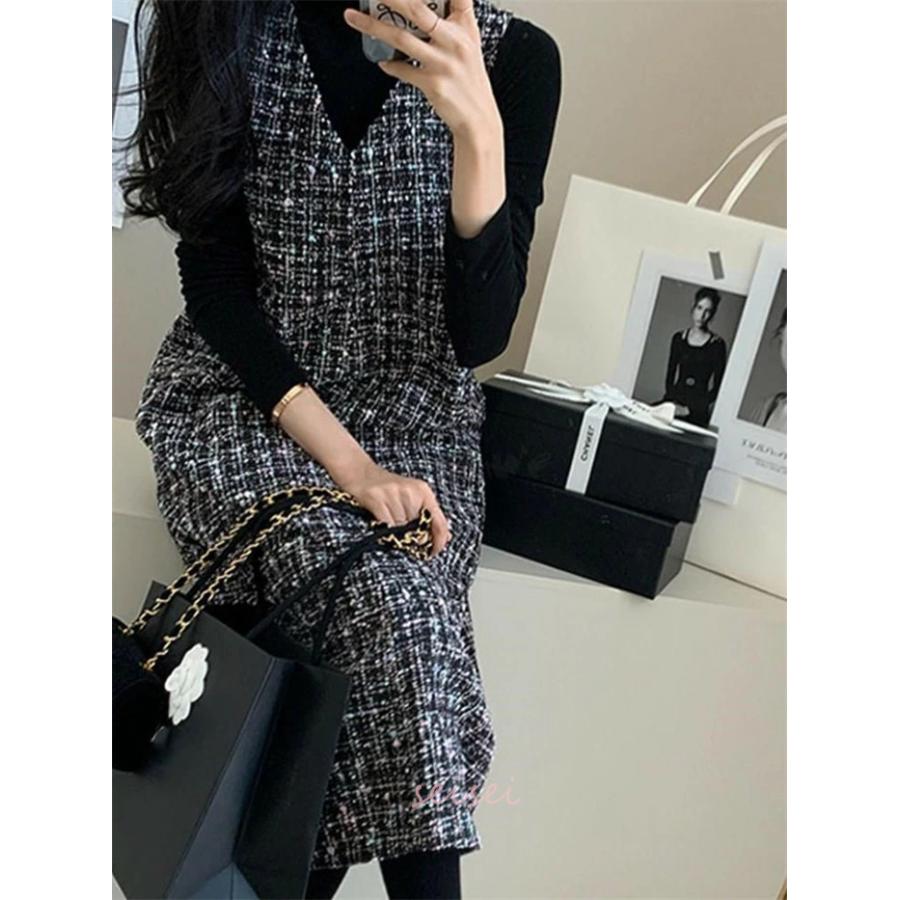 ジャンパースカート 50代 膝丈 チェック柄 秋 冬 大人 体型カバー V