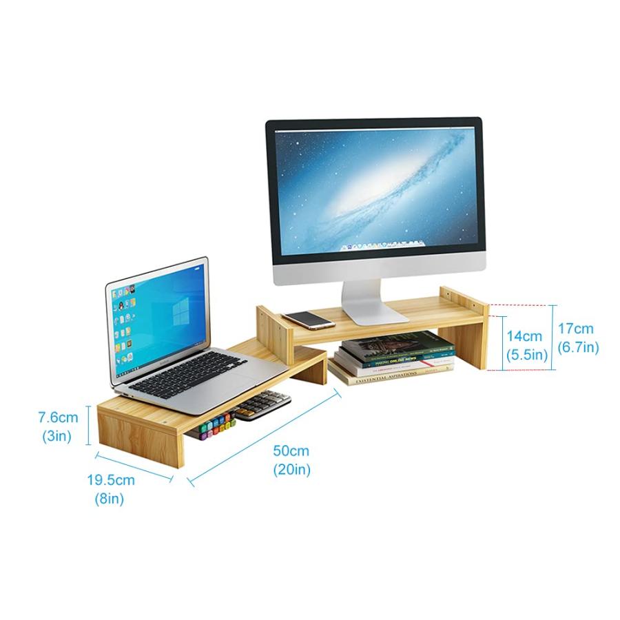 デュアルモニター台、2つの調整可能な高さとスケーラブルなモニターマウント、PCモニターラップトッププリンター用の木製デスクトップオーガナイザー収納ラック｜xixi68｜02