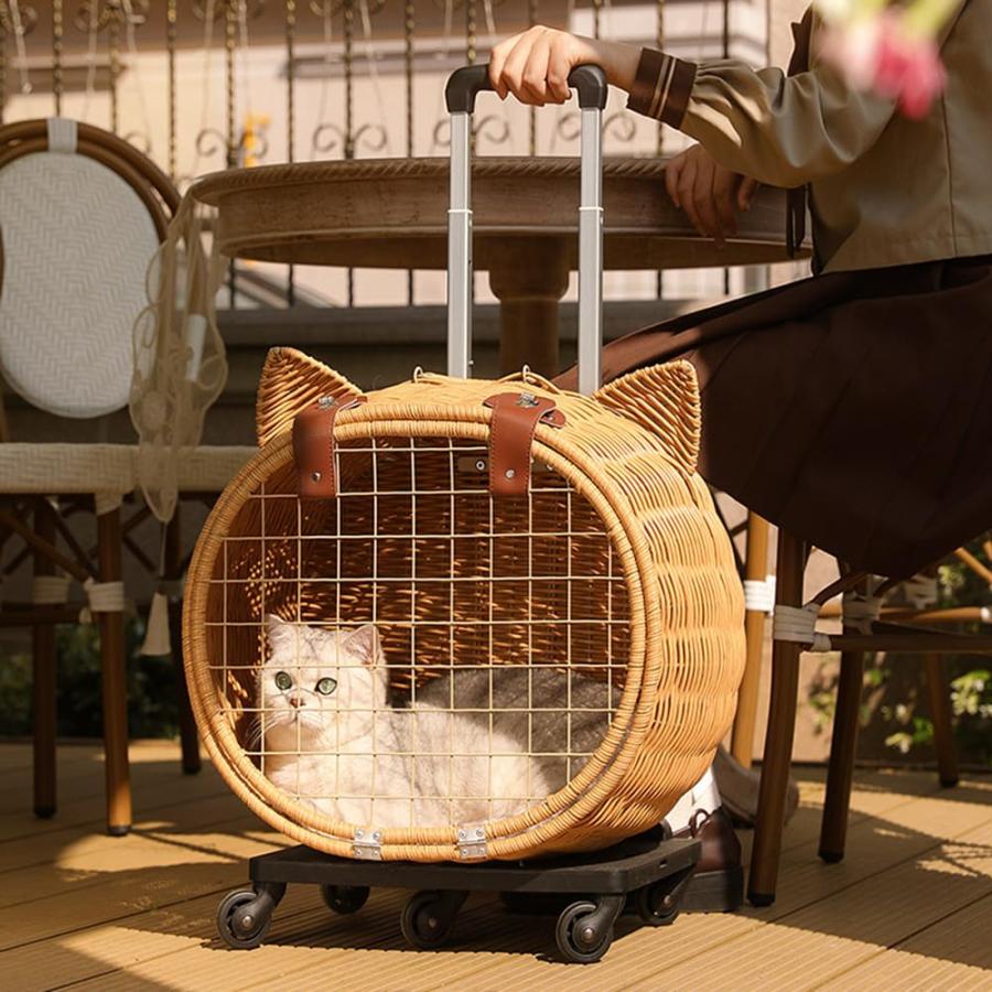 猫 ペットキャリー 籐製ペットキャリー キャスター付き トロリーキャットバッグ 猫 キャリー 中?大型猫用?小型犬?うさぎ用 通気性 耐荷重12kg 2 in 1 旅行 車載 猫 ペットキャリー 籐製ペットキャリー キャスター付き トロリーキャットバッグ 猫 キャリー 中?大型猫用?小型犬?うさぎ用 通気性 耐荷重12kg 2 in 1 旅行 車載