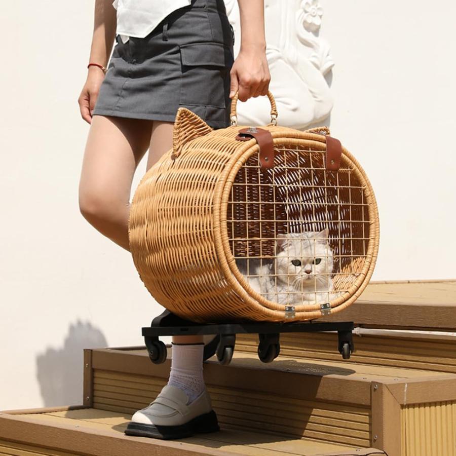 猫 ペットキャリー 籐製ペットキャリー キャスター付き トロリーキャットバッグ 猫 キャリー 中?大型猫用?小型犬?うさぎ用 通気性 耐荷重12kg 2 in 1 旅行 車載 猫 ペットキャリー 籐製ペットキャリー キャスター付き トロリーキャットバッグ 猫 キャリー 中?大型猫用?小型犬?うさぎ用 通気性 耐荷重12kg 2 in 1 旅行 車載