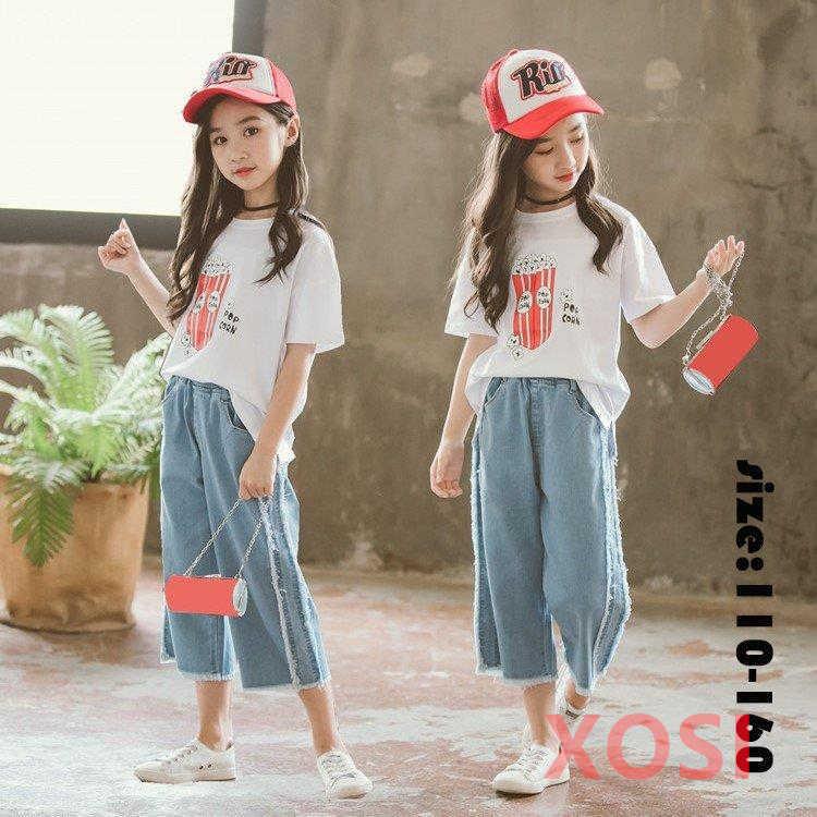 韓国子供服 ２点セット 白tシャツ ガウチョパンツ カジュアル ナチュラル 夏 デニムパンツ ジーンズ ワイドパンツ 半袖 セットアップ ゆったり 女の子 可愛い 高価値