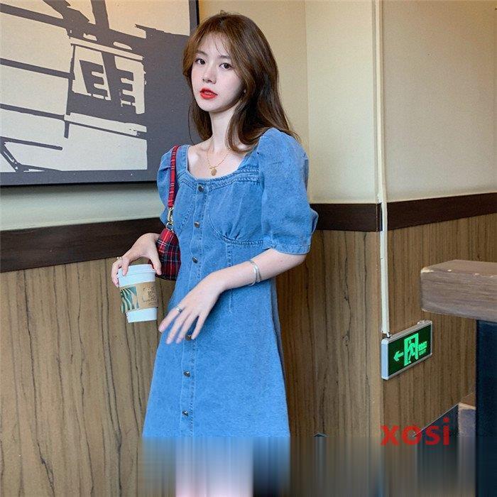 夏作サマー半袖膝上丈 半袖バブルスリーブ ミニワンピース ショート デニム スクエアネック Aライン セクシー新作 着痩せ 可愛い Wp333 Xosi 通販 Yahoo ショッピング