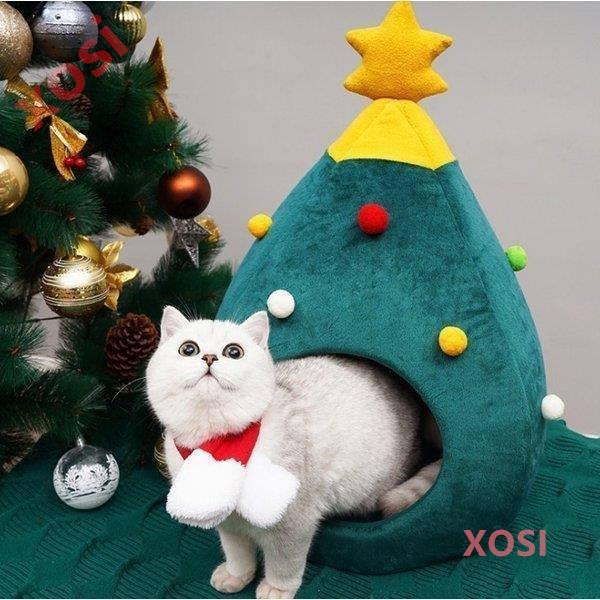 猫 ハウス ドーム型 ハウス 猫ベッド クリスマスツリー型 インテリア 可愛い 冬 保温防寒 フリース素材 65 42 42ｃｍ