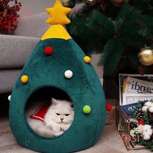 猫 ハウス ドーム型 ハウス 猫ベッド クリスマスツリー型 インテリア 可愛い 冬 保温防寒 フリース素材 65 42 42ｃｍ