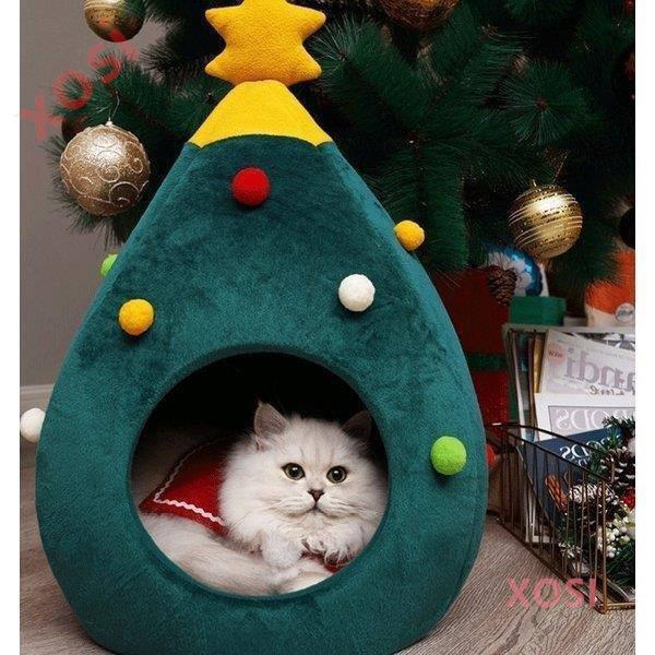 猫 ハウス ドーム型 ハウス 猫ベッド クリスマスツリー型 インテリア 可愛い 冬 保温防寒 フリース素材 65 42 42ｃｍ