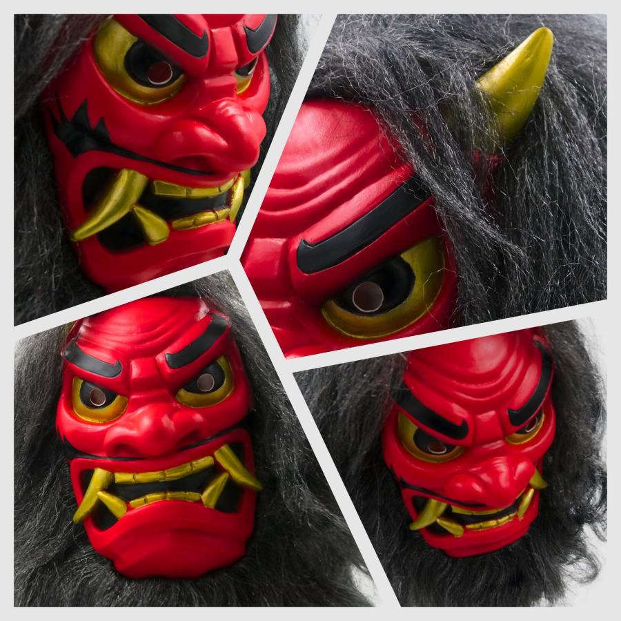 鬼 マスク 節分 豆まき 4点セット ウィッグ一体型 リアル ズレない 赤