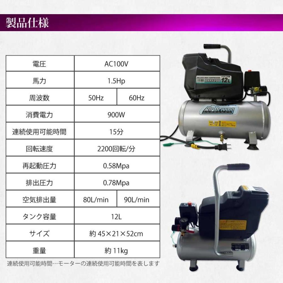 エアーコンプレッサー オイルレス 12L 100V オイルフリー エアーツール