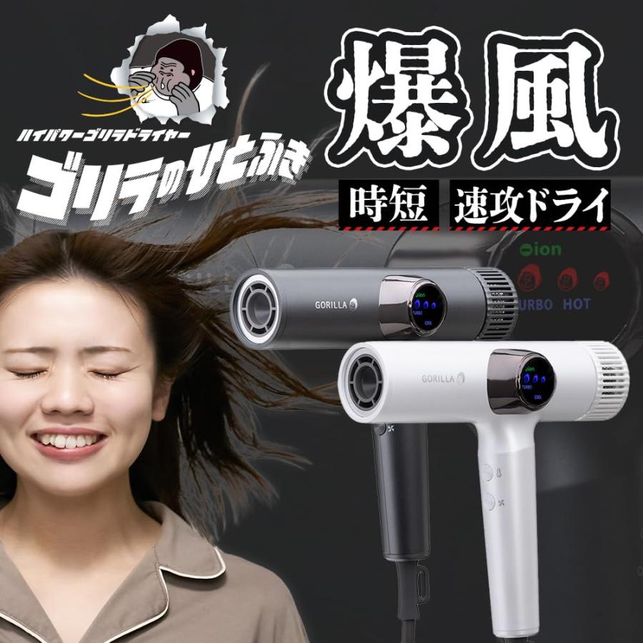 ゴリラのひとふき ドライヤー 大風量 速乾 爆風 軽量540g 時短 静音 