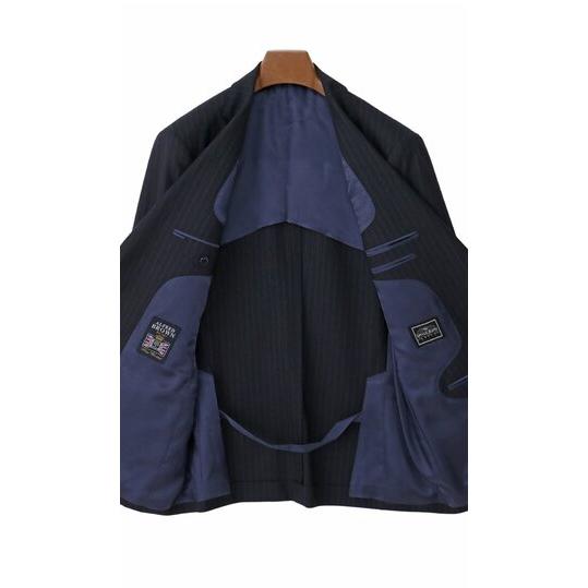 【洋服の青山】ウール100% ALFRED BROWN アルフレッドブラウン プレミアム スーツ メンズ ゆったり スタンダード 春夏 ネイビー 紺 ストライプ シングル 2ボタンの画像