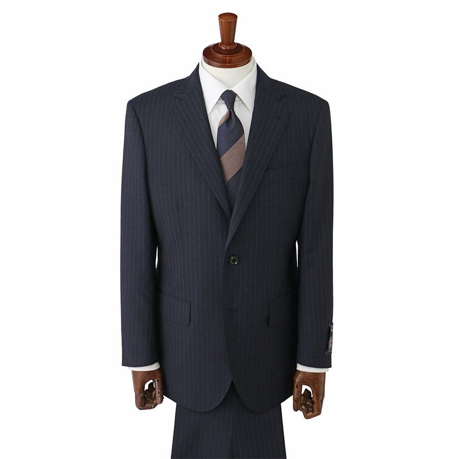 【洋服の青山】ウール100% ALFRED BROWN アルフレッドブラウン プレミアム スーツ メンズ ゆったり スタンダード 春夏 ネイビー 紺 ストライプ シングル 2ボタンの画像