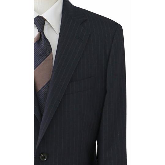 【洋服の青山】ウール100% ALFRED BROWN アルフレッドブラウン プレミアム スーツ メンズ ゆったり スタンダード 春夏 ネイビー 紺 ストライプ シングル 2ボタンの画像