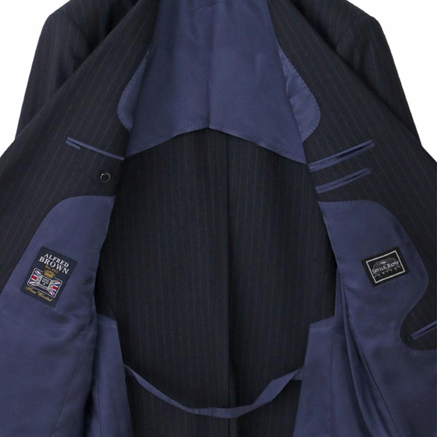 【洋服の青山】ウール100% ALFRED BROWN アルフレッドブラウン プレミアム スーツ メンズ ゆったり スタンダード 春夏 ネイビー 紺 ストライプ シングル 2ボタンの画像