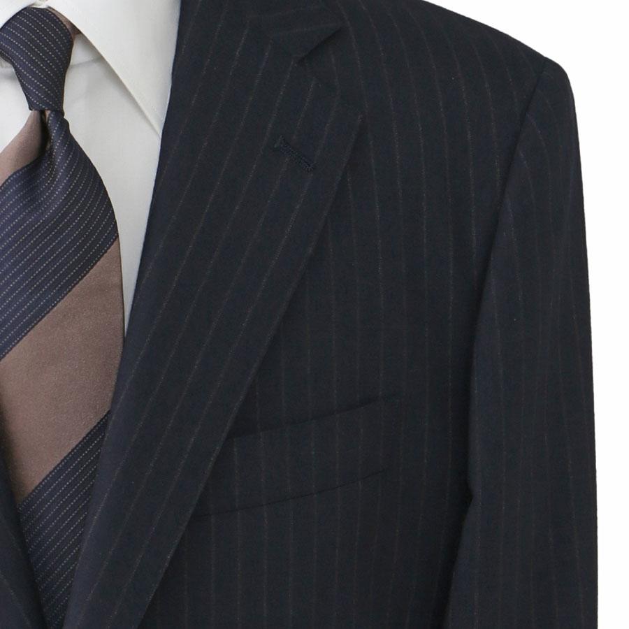 【洋服の青山】ウール100% ALFRED BROWN アルフレッドブラウン プレミアム スーツ メンズ ゆったり スタンダード 春夏 ネイビー 紺 ストライプ シングル 2ボタンの画像