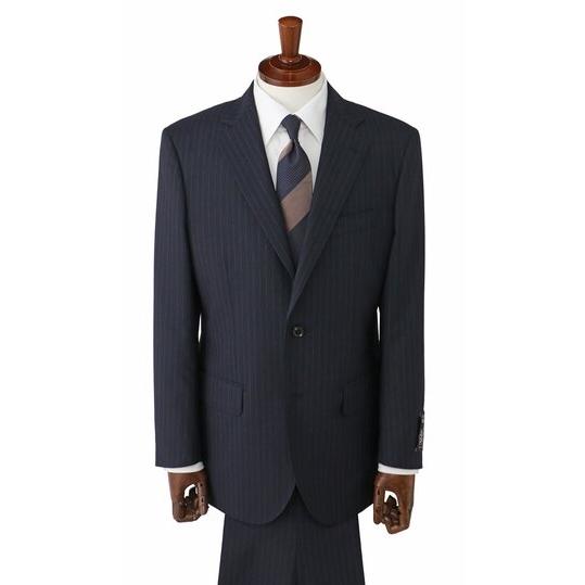 【洋服の青山】ウール100% ALFRED BROWN アルフレッドブラウン プレミアム スーツ メンズ ゆったり スタンダード 春夏 ネイビー 紺 ストライプ シングル 2ボタンの画像