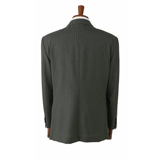 【洋服の青山】ウール100% ALFRED BROWN アルフレッドブラウン プレミアム スーツ メンズ ゆったり スタンダード 春夏 グリーン 緑 ストライプ シングル 2ボタンの画像