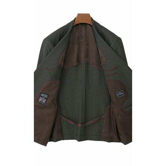 【洋服の青山】ウール100% ALFRED BROWN アルフレッドブラウン プレミアム スーツ メンズ ゆったり スタンダード 春夏 グリーン 緑 ストライプ シングル 2ボタンの画像