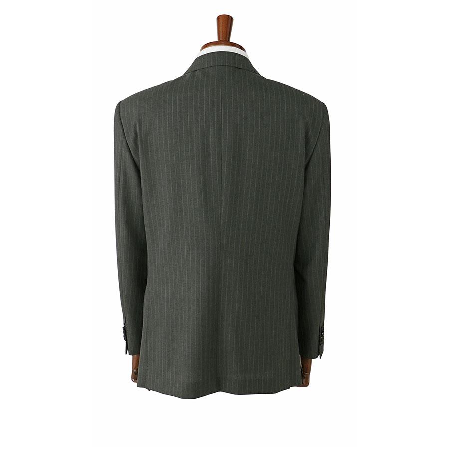 【洋服の青山】ウール100% ALFRED BROWN アルフレッドブラウン プレミアム スーツ メンズ ゆったり スタンダード 春夏 グリーン 緑 ストライプ シングル 2ボタンの画像
