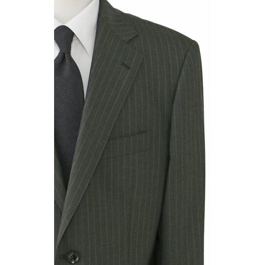 【洋服の青山】ウール100% ALFRED BROWN アルフレッドブラウン プレミアム スーツ メンズ ゆったり スタンダード 春夏 グリーン 緑 ストライプ シングル 2ボタンの画像