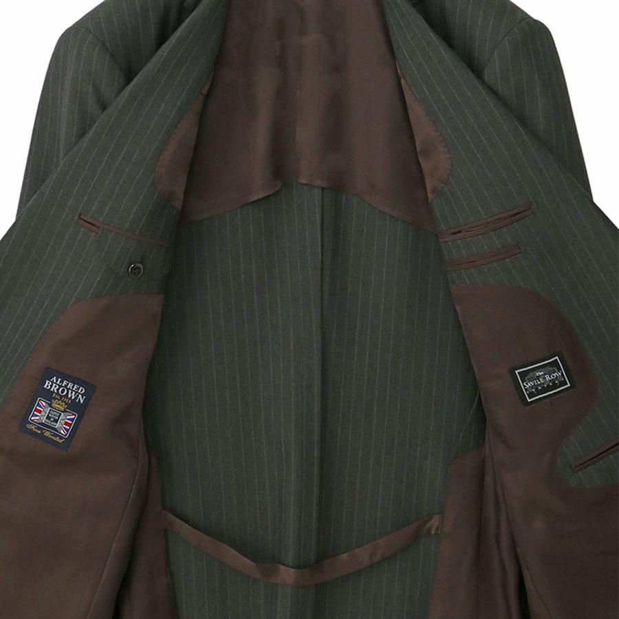 【洋服の青山】ウール100% ALFRED BROWN アルフレッドブラウン プレミアム スーツ メンズ ゆったり スタンダード 春夏 グリーン 緑 ストライプ シングル 2ボタンの画像