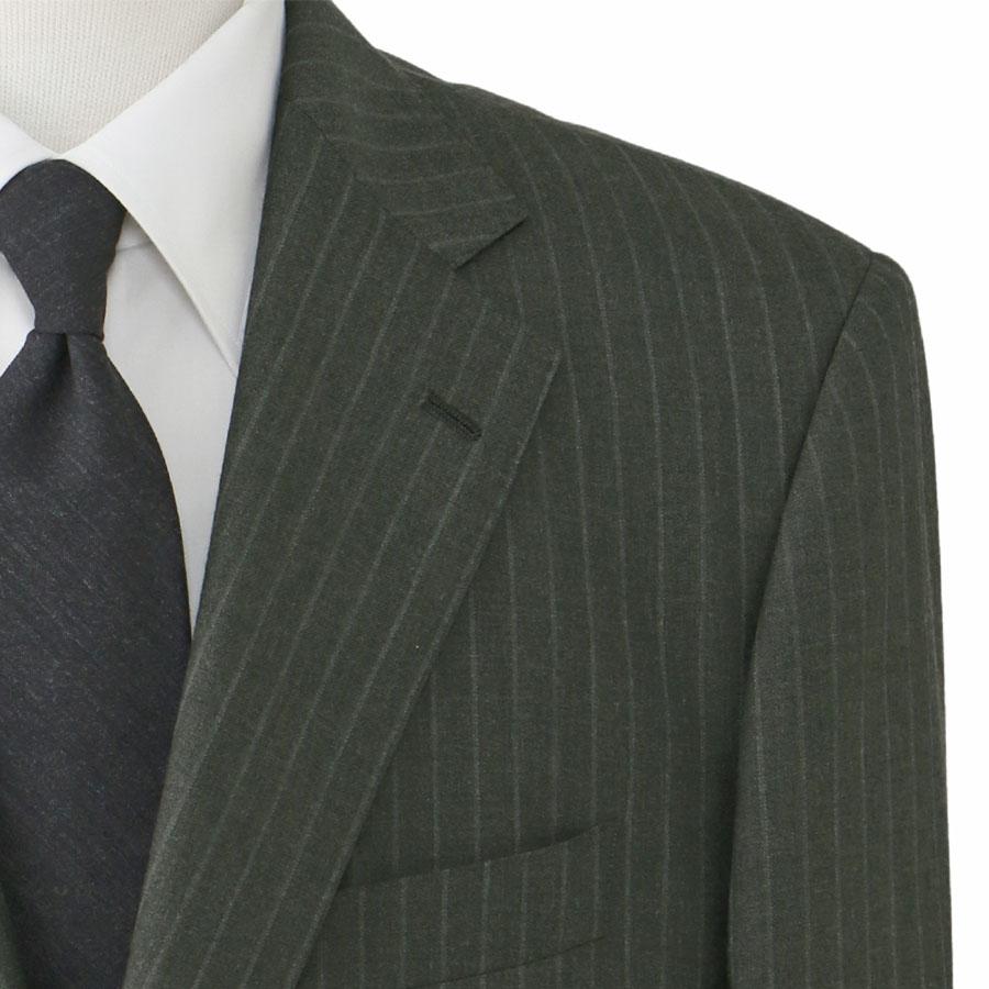 【洋服の青山】ウール100% ALFRED BROWN アルフレッドブラウン プレミアム スーツ メンズ ゆったり スタンダード 春夏 グリーン 緑 ストライプ シングル 2ボタンの画像