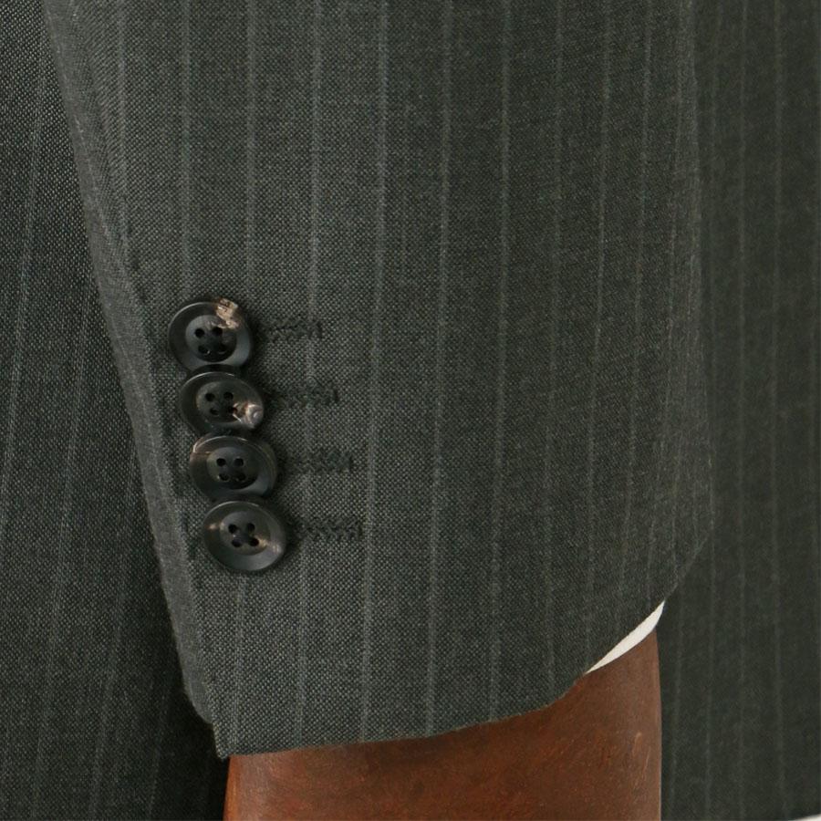 【洋服の青山】ウール100% ALFRED BROWN アルフレッドブラウン プレミアム スーツ メンズ ゆったり スタンダード 春夏 グリーン 緑 ストライプ シングル 2ボタンの画像