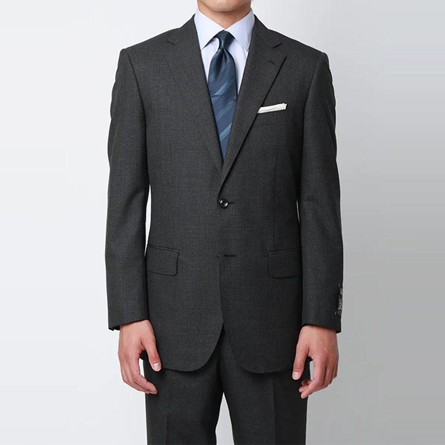 【洋服の青山】プレミアム ALFRED BROWN Fine Worsted ウール100% スーツ メンズ ゆったり 春夏 グレー 千鳥格子 大きいサイズ 2ボタン 本台場 インポート生地の画像