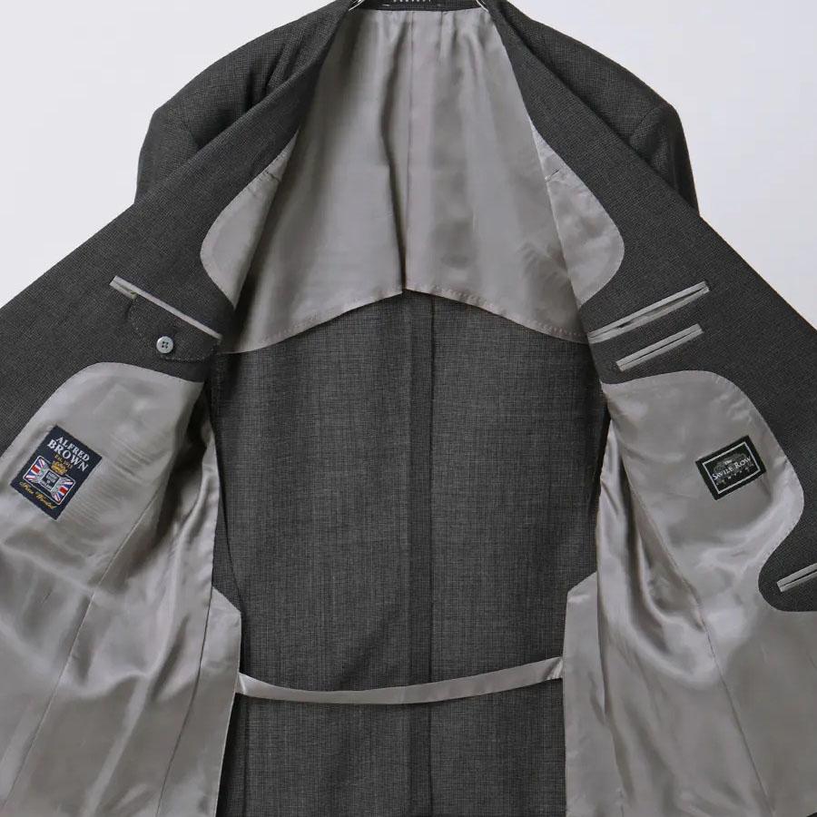【洋服の青山】プレミアム ALFRED BROWN Fine Worsted ウール100% スーツ メンズ ゆったり 春夏 グレー 千鳥格子 大きいサイズ 2ボタン 本台場 インポート生地の画像