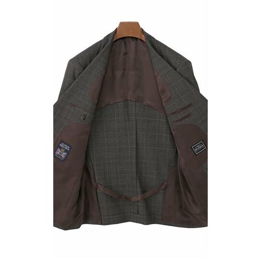 【洋服の青山】ALFRED BROWN アルフレッドブラウン ウール100% プレミアム スーツ メンズ ゆったり 春夏 ブラウン チェック 本台場 重ねボタン サイドベンツの画像