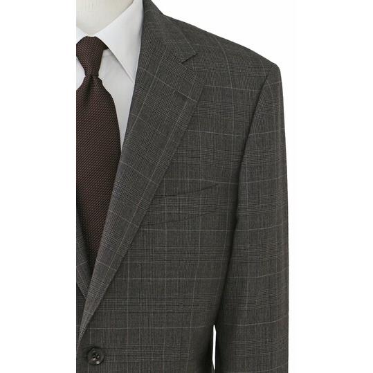 【洋服の青山】ALFRED BROWN アルフレッドブラウン ウール100% プレミアム スーツ メンズ ゆったり 春夏 ブラウン チェック 本台場 重ねボタン サイドベンツの画像
