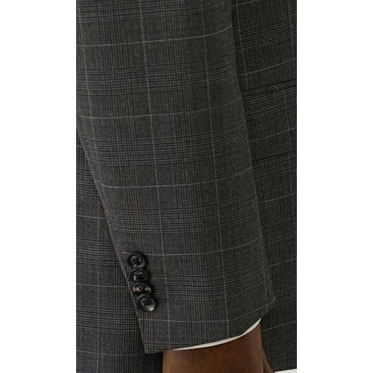 【洋服の青山】ALFRED BROWN アルフレッドブラウン ウール100% プレミアム スーツ メンズ ゆったり 春夏 ブラウン チェック 本台場 重ねボタン サイドベンツの画像
