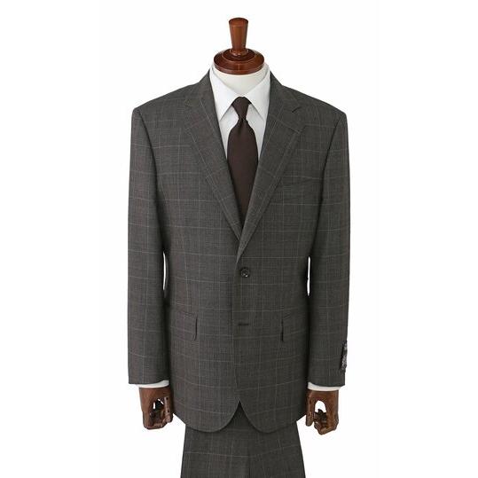 【洋服の青山】ALFRED BROWN アルフレッドブラウン ウール100% プレミアム スーツ メンズ ゆったり 春夏 ブラウン チェック 本台場 重ねボタン サイドベンツの画像