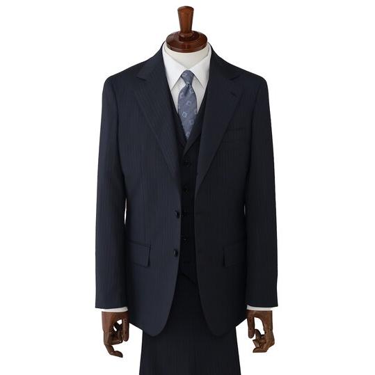 【洋服の青山】スリーピース ベスト付き スーツ メンズ 春夏秋冬 ネイビー 紺 ストライプ 3ピース 3ボタン段返り ワンタック ストレッチ 動きやすい ビジネスの画像