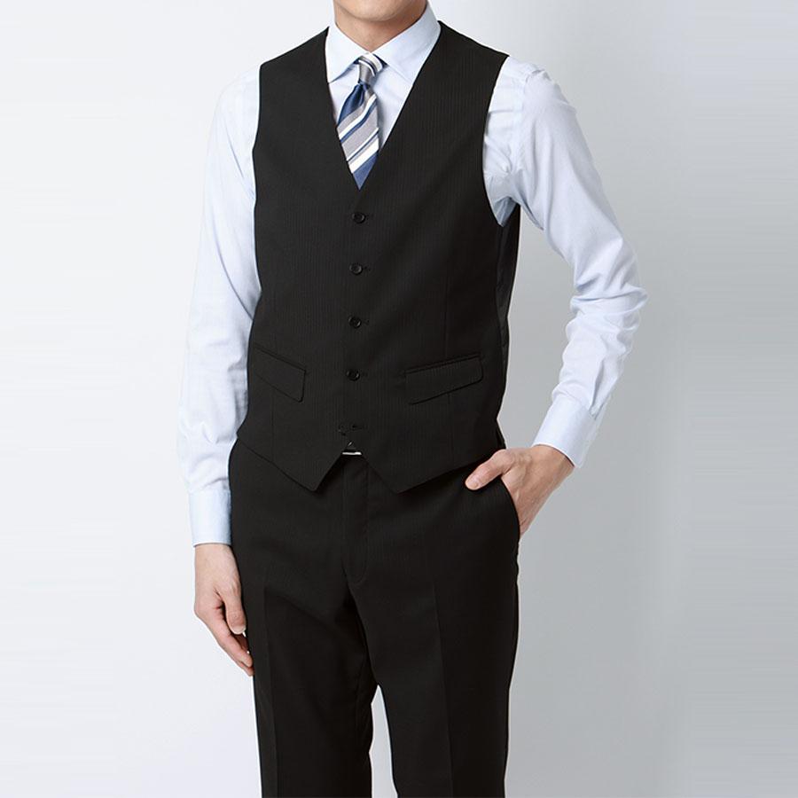 【洋服の青山】スリーピース ベ スト付き スーツ メンズ スリム 春夏 ブラック 黒 ストライプ 大きいサイズ 2ボタン 背抜き ノ ータック ストレッチ ビジネスの画像