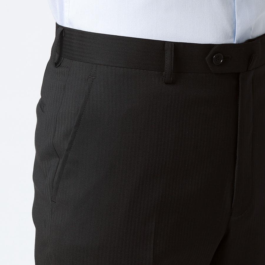 【洋服の青山】スリーピース ベ スト付き スーツ メンズ スリム 春夏 ブラック 黒 ストライプ 大きいサイズ 2ボタン 背抜き ノ ータック ストレッチ ビジネスの画像