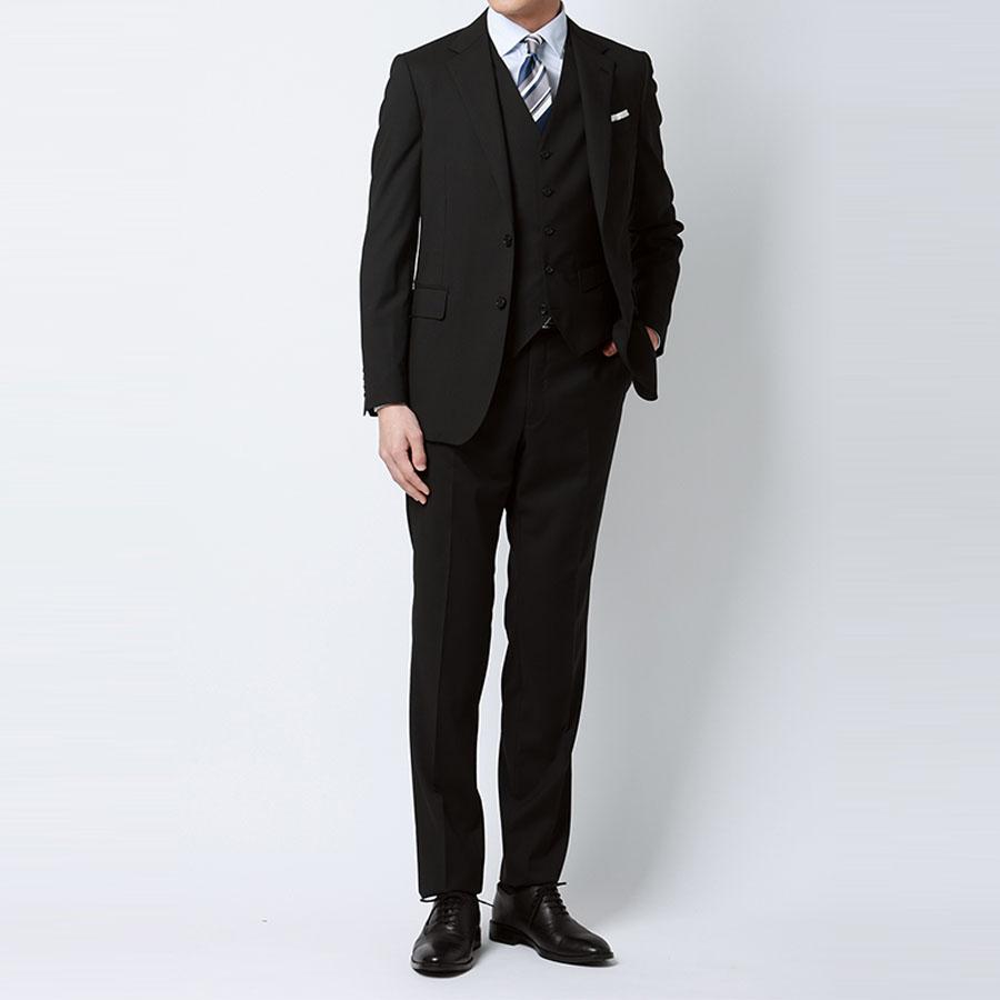 【洋服の青山】スリーピース ベ スト付き スーツ メンズ スリム 春夏 ブラック 黒 ストライプ 大きいサイズ 2ボタン 背抜き ノ ータック ストレッチ ビジネスの画像